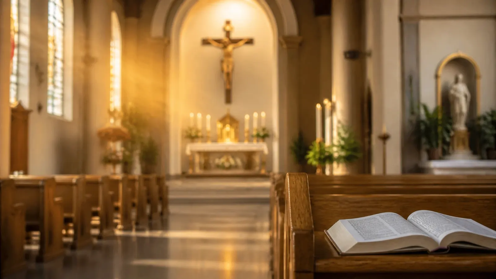 Warm sunlight falling across the altar and open Bible inside a church